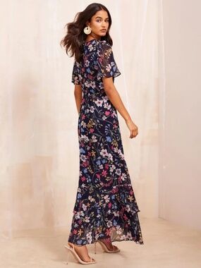 NWOT [Parker] Navy Floral Belted Wrap V Flutter High Low Maxi Dress | Medium
